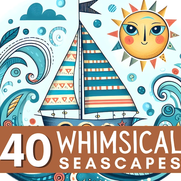 Digital Kit, 40 Whimsical Seascape Illustrations, Digital Art Printable Kit, Instant Digital Download Whimsical Images, Digi Kit