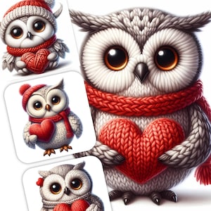 12 Wunderliche gestrickte Eulen Clipart - Eulen mit Herzen JPG Bilder 300 DPI, süsse Eule, wunderliche Clipart, persönlicher und kommerzieller Gebrauch