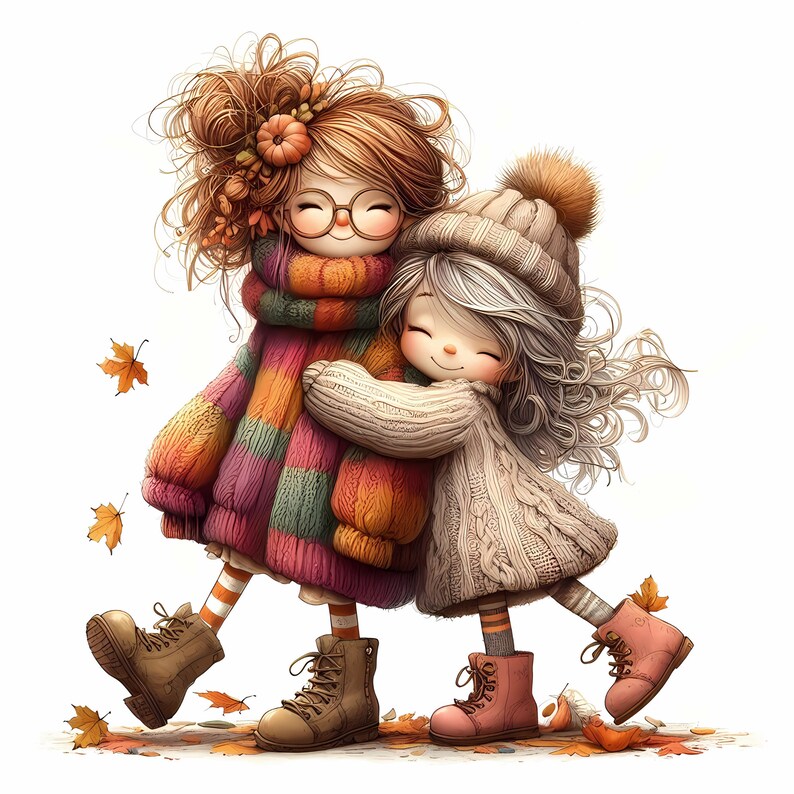 May include: Two girls wearing knitted sweaters and boots hug each other in a field of autumn leaves.
