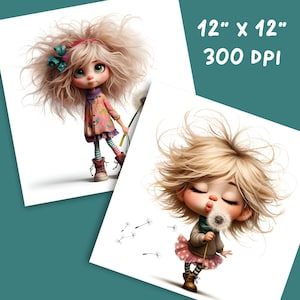 May include: Two art prints featuring whimsical illustrations of a doll-like girl with blonde hair. One print shows the girl holding a dandelion, the other holding a flower. The prints are 12" x 12" and 300 DPI.