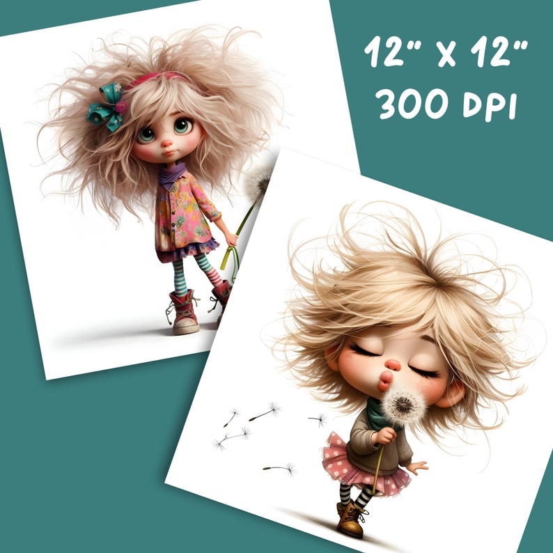 May include: Two art prints featuring whimsical illustrations of a doll-like girl with blonde hair. One print shows the girl holding a dandelion, the other holding a flower. The prints are 12" x 12" and 300 DPI.