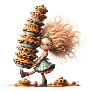 15 imágenes prediseñadas de niña caprichosa: pastel en equilibrio, tema de Acción de Gracias, descarga digital a 300 DPI para uso personal y comercial, imágenes prediseñadas de Acción de Gracias