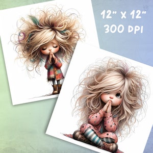 May include: Two digital illustrations of girls with long, blonde hair. Both girls are wearing dresses and have their hands clasped in prayer. The girl on the left is standing, while the girl on the right is sitting. The background is white.