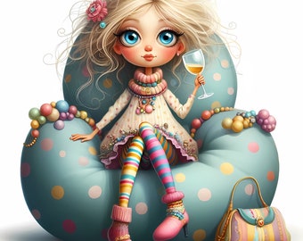 Quirky Woman Clipart, Commercial Use, Whimsical lady, 300 DPI JPGs, Instant Download, Wine Lover Clipart, Lady clipart