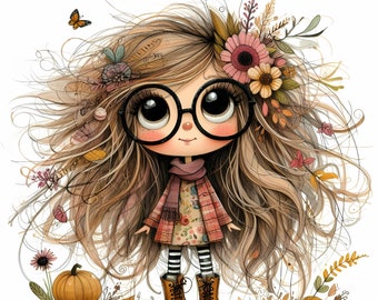 10 Quirky Girl Clipart, Commercial Use, Cute Fall Whimsical Girl, 300 DPI JPGs, Instant Download, Whimsical Fall Clipart