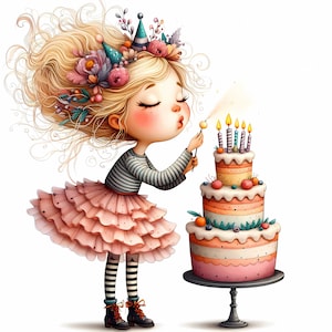 Clipart original de fille d'anniversaire, usage commercial, jolie fille d'anniversaire, JPG 10 x 300 DPI, téléchargement immédiat, anniversaire fantaisiste, carte d'anniversaire bricolage