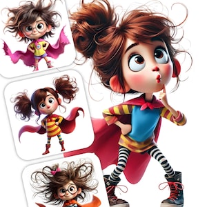12 Whimsical Superhero Girl Clipart - Quirky Superheros, JPG Bilder 300 DPI auf weißem Hintergrund, persönlicher und kommerzieller Gebrauch