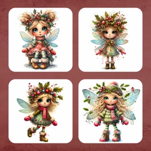 May include: Four illustrations of fairies with wings, wearing winter clothing and holly wreaths. Each fairy has a different expression and pose.
