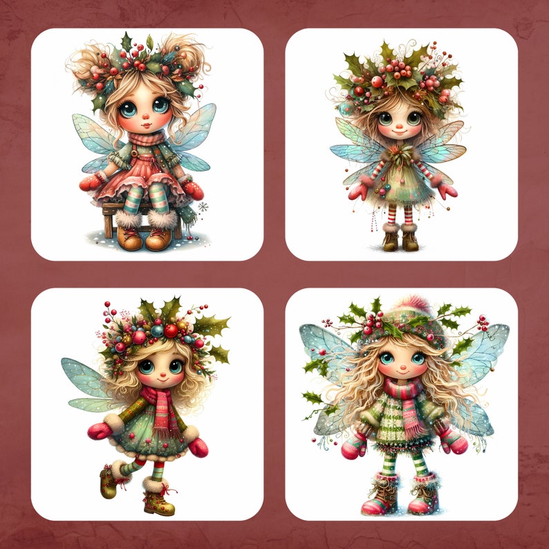 May include: Four illustrations of fairies with wings, wearing winter clothing and holly wreaths. Each fairy has a different expression and pose.