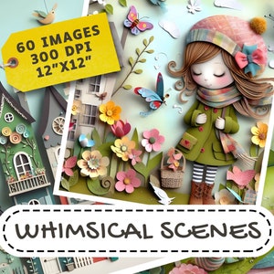 60 Whimsical Girls, Spring scenes, paper craft collage, mixed media, Digital Art, Instant Digital Download, Hi-Res Images, Commercial Use