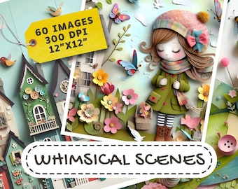 60 Whimsical Girls, Spring scenes, paper craft collage, mixed media, Digital Art, Instant Digital Download, Hi-Res Images, Commercial Use