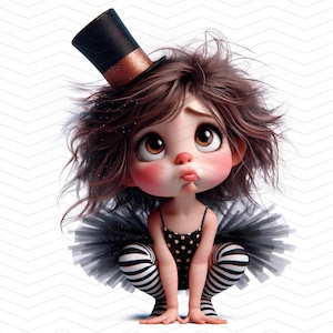 Clipart artiste de cirque – Jolie fille en tutu et chapeau haut de forme | Art fantaisiste sur le thème du cirque pour autocollants, travaux manuels. Utilisation personnelle et commerciale