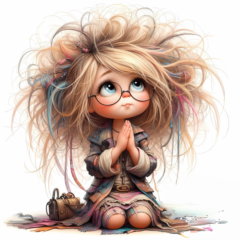 May include: A cartoon illustration of a girl with long, blonde, messy hair wearing round glasses and a colorful jacket. She is kneeling with her hands clasped in prayer.