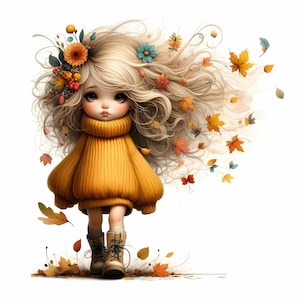 May include: A digital illustration of a girl with long blonde hair wearing a yellow sweater and brown boots. She has a flower crown in her hair and autumn leaves are falling around her.