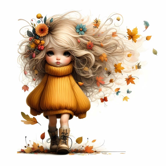 Quirky Girl Clipart, Commercial Use, Cute Whimsical Girl, 10x 300 DPI JPGs, Instant Download, Oversized Sweater, Clip art Bundle