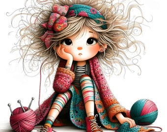 Quirky Crochet Girl Clipart, Commercial Use, DIY Journal (JPGs, Instant Download)