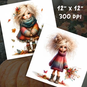 May include: Two digital illustrations of girls with blonde hair and autumn-themed clothing. The first girl is wearing a red, blue, and white sweater with a blue scarf and brown boots. She is surrounded by falling leaves. The second girl is wearing a pink and purple sweater and brown boots. She is holding a bouquet of autumn leaves.
