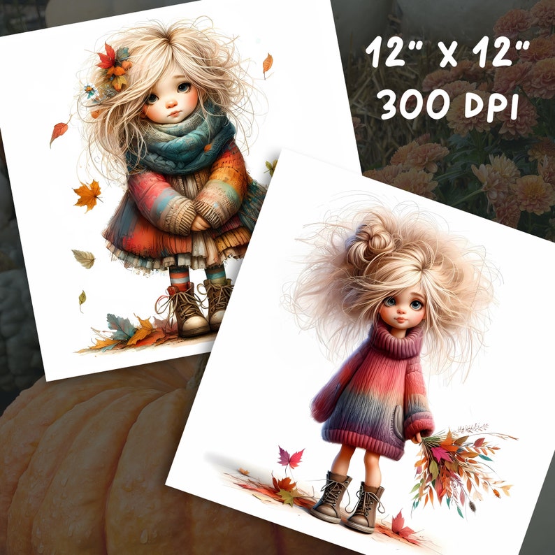 May include: Two digital illustrations of girls with blonde hair and autumn-themed clothing. The first girl is wearing a red, blue, and white sweater with a blue scarf and brown boots. She is surrounded by falling leaves. The second girl is wearing a pink and purple sweater and brown boots. She is holding a bouquet of autumn leaves.