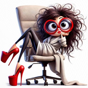 Puede incluir: Una mujer de dibujos animados con el pelo largo y castaño y gafas redondas rojas se sienta en una silla de oficina beige con las piernas cruzadas. Lleva pantalones negros y una bata blanca. Lleva tacones altos rojos en ambos pies.