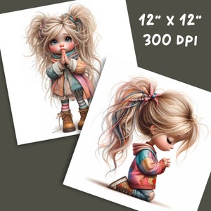 May include: Two digital illustrations of girls with long blonde hair. The girl on the left is wearing a colorful jacket, striped tights, and brown boots. She is holding her hands together in a praying position. The girl on the right is wearing a colorful patchwork jacket and blue jeans. She is kneeling with her hands together in a praying position. Both girls have large eyes and are looking down.