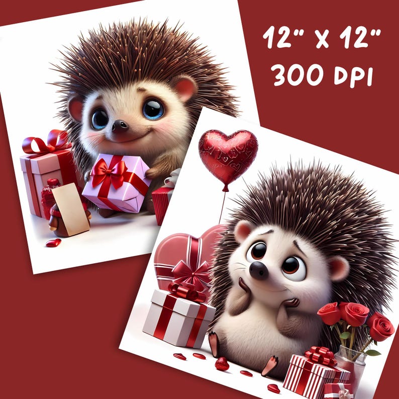May include: Two prints featuring adorable cartoon hedgehogs. One hedgehog holds a pink gift box with a red bow, surrounded by other gifts. The second hedgehog is near a heart-shaped balloon and roses. The prints are 12" x 12" and 300 DPI.