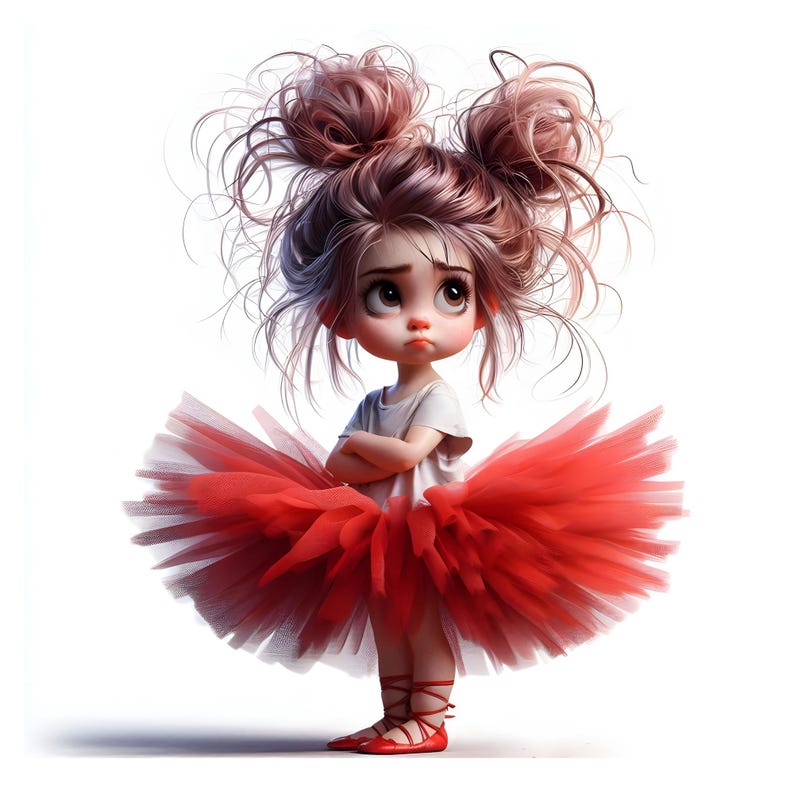 Peut inclure: Une jeune fille aux cheveux roses en couettes porte une chemise blanche et un tutu rouge en tulle. Elle a une expression triste sur le visage et ses bras sont crois&eacute;s.