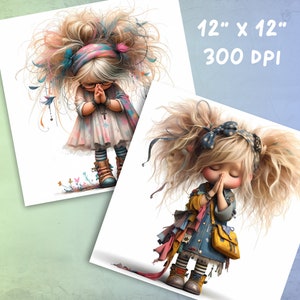 May include: Two digital illustrations of girls with long, messy hair, wearing colorful clothing and holding their hands in a prayer position. The girls are both looking down with their eyes closed. The illustrations are set against a white background.