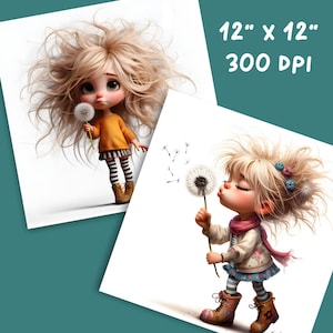 May include: Two prints featuring illustrations of young girls with blonde hair and dandelions. One girl wears an orange shirt, striped leggings, and boots. The other blows dandelion seeds. The prints are 12" x 12" and 300 DPI.