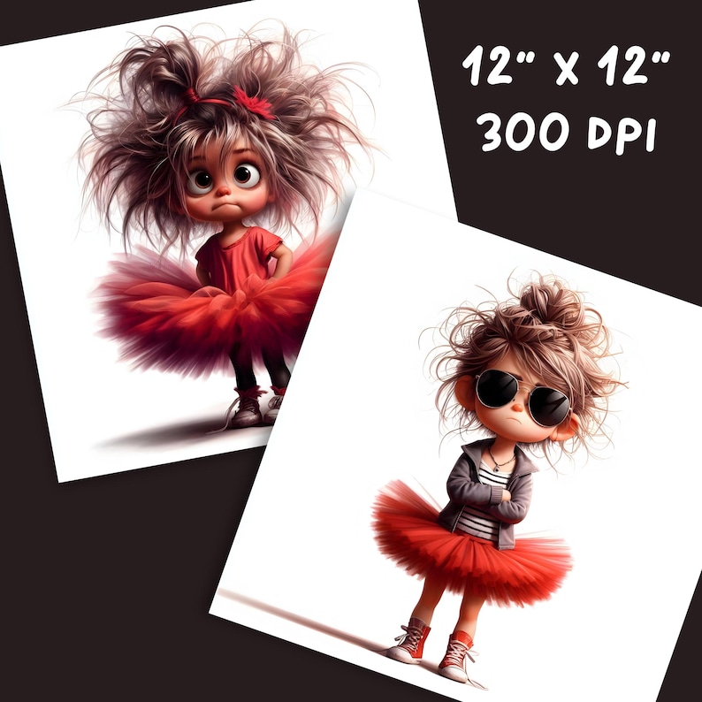 Peut inclure: Deux illustrations num&eacute;riques de filles aux cheveux en d&eacute;sordre portant des tutus rouges. La fille de gauche a de grands yeux et porte une chemise rouge. La fille de droite porte des lunettes de soleil et une veste grise.