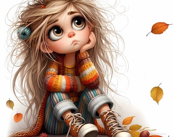 15 imágenes JPG de clipart de chicas otoñales, diseños otoñales caprichosos, para uso comercial.