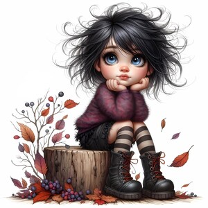 May include: A young girl with long black hair and blue eyes sits on a tree stump. She is wearing a purple sweater, black shorts, and striped stockings. She is wearing black boots with laces. There are autumn leaves and berries around her.