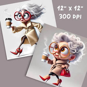 May include: Two prints featuring a cartoon illustration of a stylish woman with white hair, large glasses, and red heels, holding a coffee cup. The prints are 12" x 12" and 300 DPI.