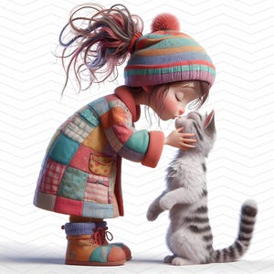 Whimsical Girl and Cat Clipart – 12 Cozy Companions (JPG on White Background), 300 DPI for Personal and Commercial Use