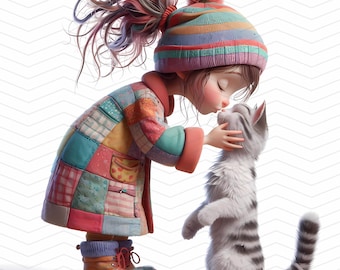 Girl and Cat Clipart: Whimsical Cozy Companions (JPG, 300 DPI)