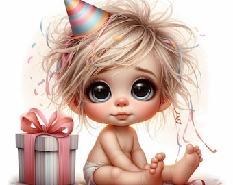 Whimsical Baby Birthday Clipart, Commercial Use (300 DPI JPGs, Instant Download)