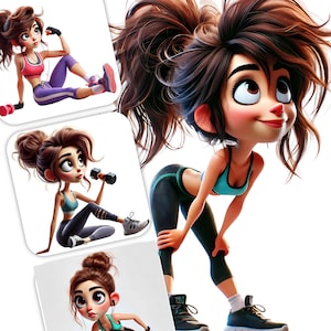 12 Whimsical Women Clipart - Quirky Women Working Out JPG Images 300 DPI on White Background, Personal and Commercial Use