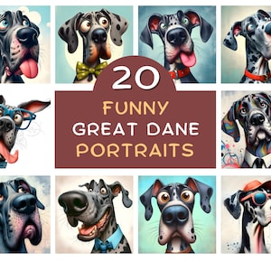 20 portraits drôles de dogue allemand, techniques mixtes, art numérique, téléchargement numérique instantané
