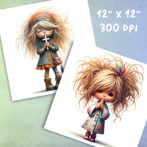 May include: Two digital illustrations of girls with blonde hair. The girl on the left is wearing a colorful outfit and holding a cross. The girl on the right is wearing a white coat with pink flowers and has her hands clasped in prayer. Both girls have large eyes and are drawn in a cartoon style.
