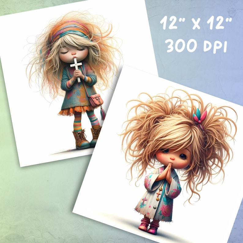 May include: Two digital illustrations of girls with blonde hair. The girl on the left is wearing a colorful outfit and holding a cross. The girl on the right is wearing a white coat with pink flowers and has her hands clasped in prayer. Both girls have large eyes and are drawn in a cartoon style.