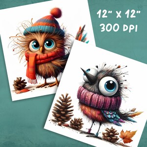 K&ouml;nnte beinhalten: Zwei skurrile Illustrationen von Cartoon-V&ouml;geln, die Winter-Schals und H&uuml;te tragen. Die V&ouml;gel sind von Tannenzapfen und Herbstbl&auml;ttern umgeben. Das Bild enth&auml;lt den Text "12" x 12" 300 DPI".
