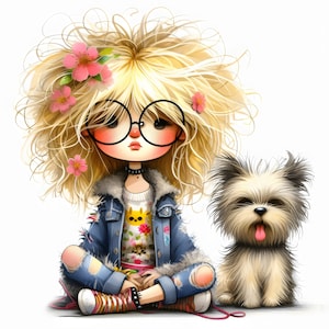 20 cliparts fille original, usage commercial, amour de chiot fantasque mignon, 300 DPI JPG, téléchargement immédiat, cartes bricolage, clipart chien de compagnie