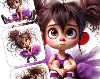 12 Whimsical ballerina Clipart - Purple Tutu, Quirky Ballerina, JPG Images 300 DPI, Personal and Commercial Use
