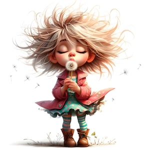 May include: A whimsical illustration of a young child blowing on a dandelion. The child wears a pink coat, a teal dress, striped socks, and brown boots. The child's eyes are closed, and the dandelion seeds are floating away against a white background.