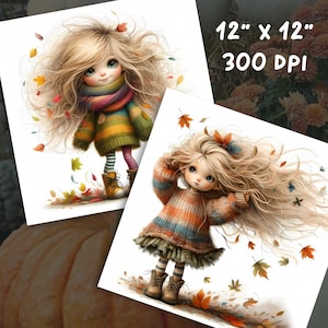 May include: Two illustrations of girls with long blonde hair wearing colorful sweaters and skirts. The girls are surrounded by autumn leaves. The image is 12 inches by 12 inches and 300 DPI.