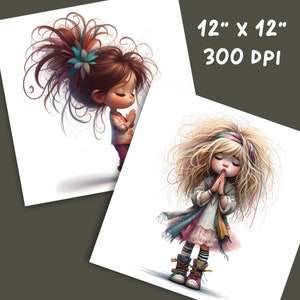 May include: Two digital illustrations of girls with long, curly hair. Both girls are wearing colorful clothing and have their hands clasped in prayer. The image is 12 inches by 12 inches and 300 DPI.
