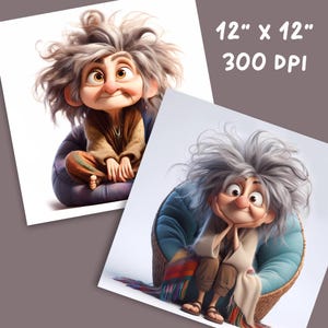 May include: A digital illustration of a cartoon character with gray hair and a blue shirt sitting in a blue and brown chair. The character is smiling and has a friendly expression. The image is 12 inches by 12 inches and 300 DPI.