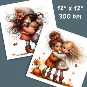 May include: Two girls with long brown and blonde hair are hugging each other. They are wearing colorful striped tights and sweaters. The girl with brown hair has a brown headband with a red berry and leaves. The girl with blonde hair has a white headband with a brown leaf. They are standing on a white background with fall leaves scattered around them. There is a pumpkin in the bottom left corner.