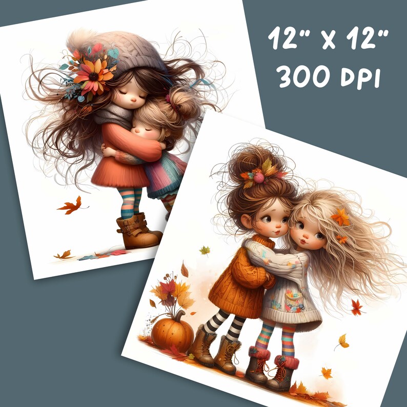 May include: Two girls with long brown and blonde hair are hugging each other. They are wearing colorful striped tights and sweaters. The girl with brown hair has a brown headband with a red berry and leaves. The girl with blonde hair has a white headband with a brown leaf. They are standing on a white background with fall leaves scattered around them. There is a pumpkin in the bottom left corner.
