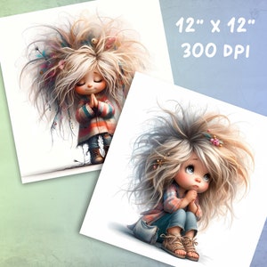 May include: Two digital illustrations of a girl with blonde hair and blue eyes. The girl on the left is standing with her hands clasped in front of her. The girl on the right is sitting with her hands clasped in front of her. Both girls are wearing a blue and red plaid shirt and blue jeans.