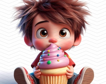 気まぐれな男の子のカップケーキのクリップアート：遊び心のある JPG 画像（デジタルダウンロード）
